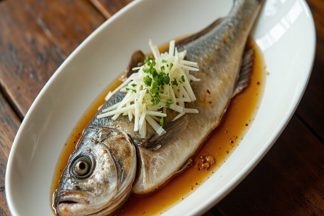 barramundi steamed whole fish with light soy sauce