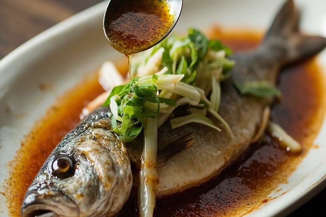 barramundi steamed Cantonese fish with hot scallion oil