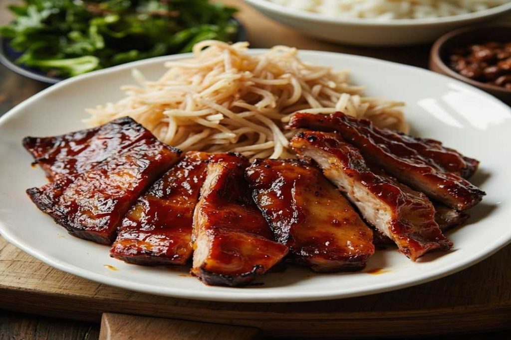 Cantonese BBQ pork belly slices with glossy glaze