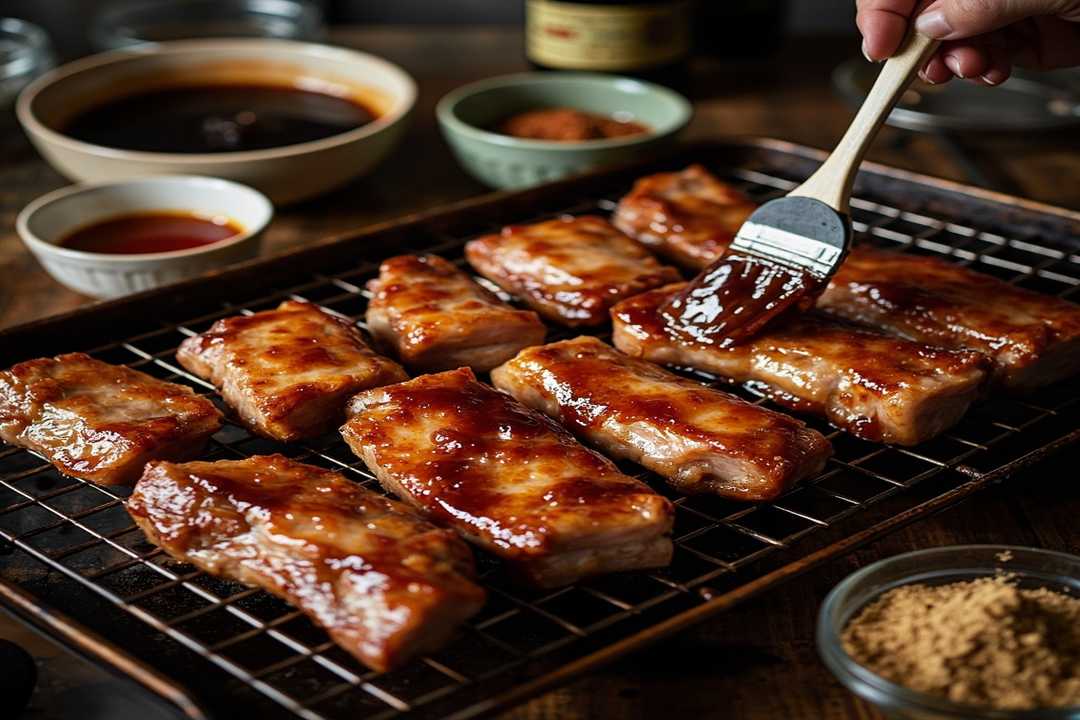 Chinese BBQ pork belly being glazed before roasting