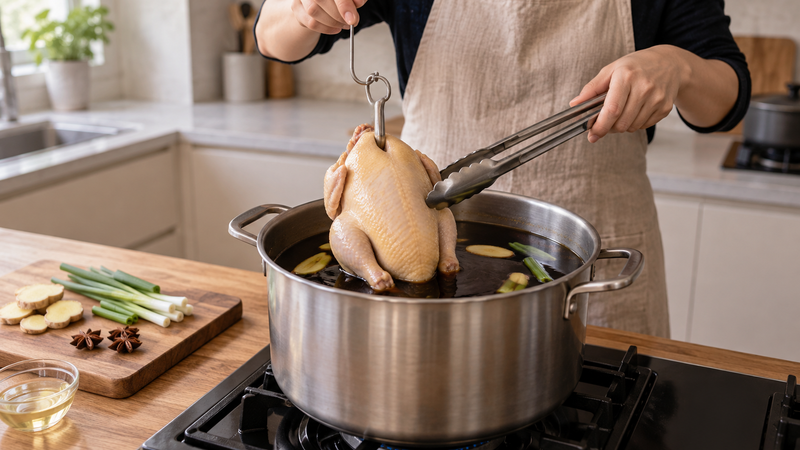 A cook using a poultry hook and long tongs to lower a whole chicken into dark soy braising liquid