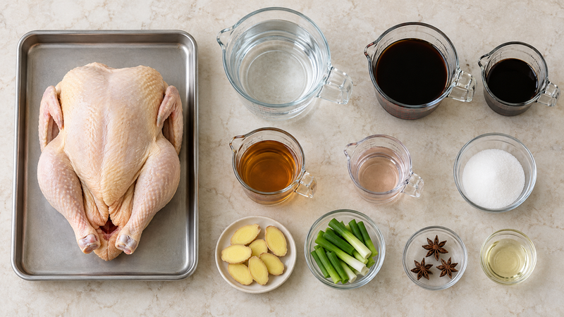 Whole raw chicken on a rimmed tray beside water, soy sauces, wines, sugar, ginger, scallions, star anise, and neutral oil
