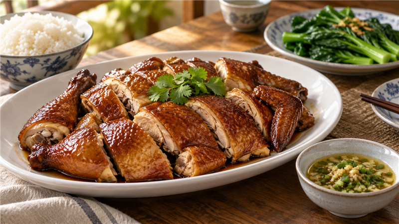Carved mahogany-glazed Cantonese soy chicken on a platter with ginger-scallion oil, rice, and greens