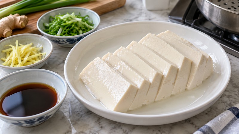 Sliced soft tofu on a shallow plate with scallion ginger and soy sauce ready for cooking