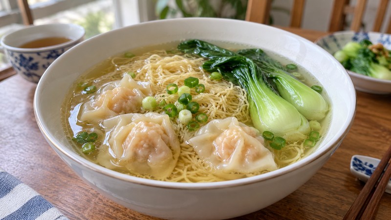 Cantonese noodle soup with clear broth wontons and bok choy