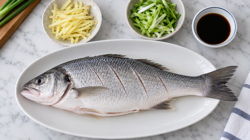 Whole fish with ginger scallion and light soy sauce ready for steaming