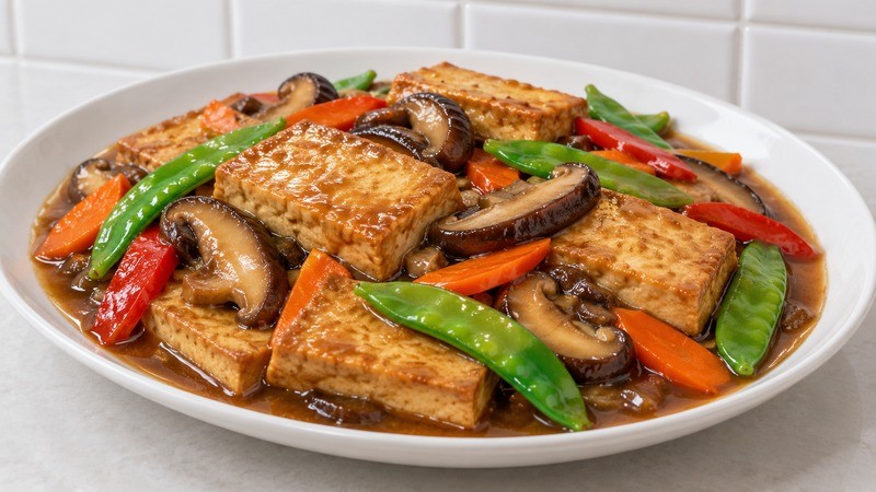 Braised tofu slices with shiitake, carrots, snow peas, and red pepper