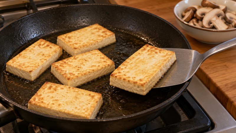 A broad spatula supporting a lightly browned tofu slice in a skillet