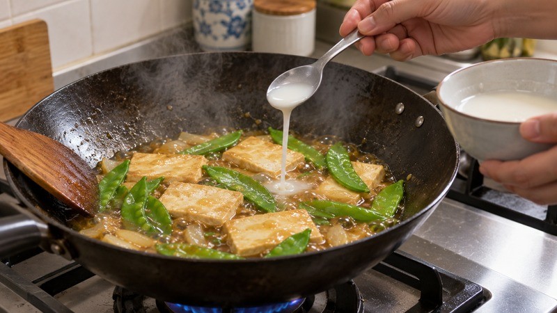 A spoon adding cornstarch slurry to tofu and vegetable sauce