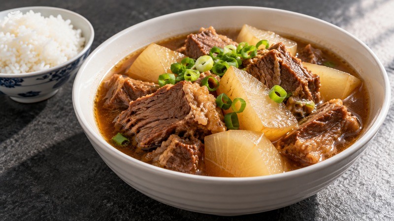 Braised beef brisket chunks and daikon in a bowl of brown sauce