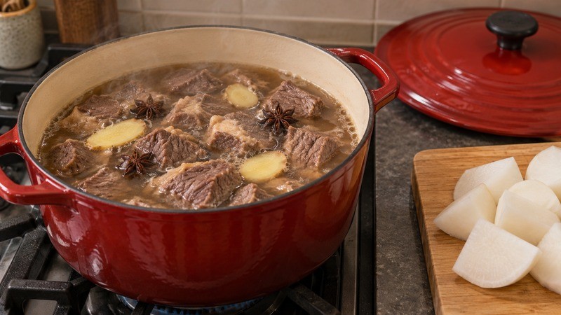 Beef chunks simmering in a heavy pot beside prepared daikon pieces