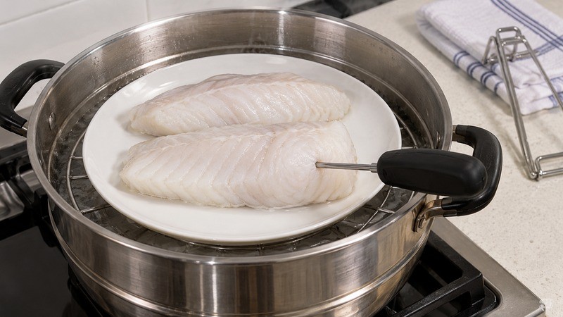 A thermometer probe checking the thick center of a steamed fish fillet