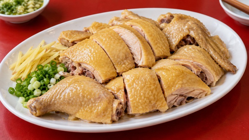 Carved salt-baked chicken with pale golden skin on a white platter