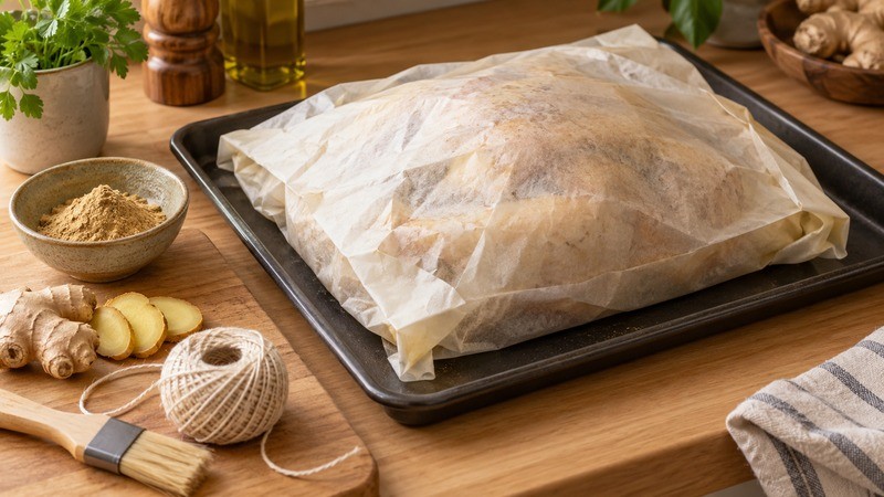 A whole chicken being enclosed in overlapping parchment layers
