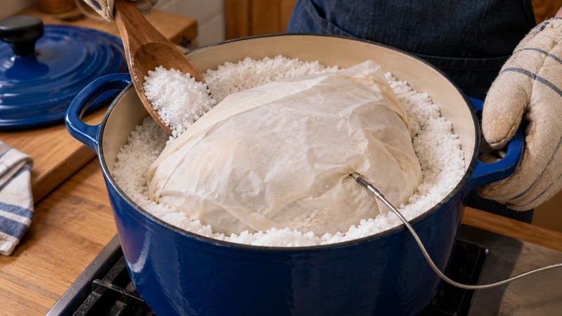 A parchment-wrapped chicken in coarse salt inside a heavy pot