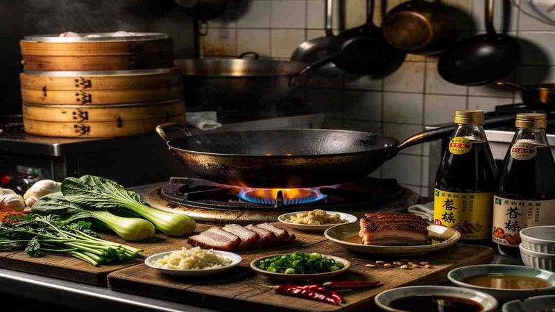 Cooking pans and condiments in a kitchen