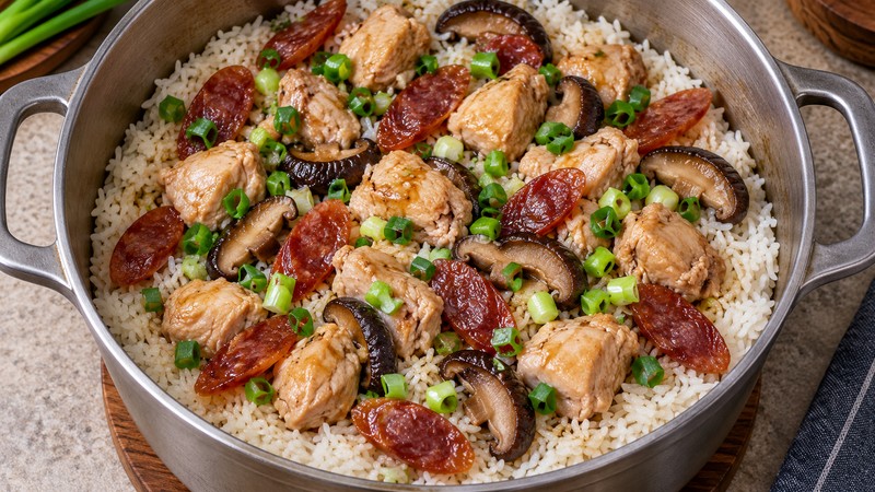Cooked rice topped with chicken, sliced lap cheong and mushrooms