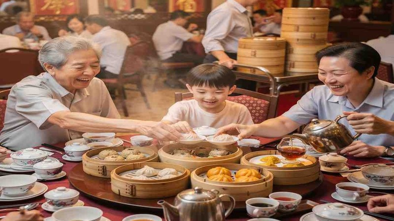 A family sharing dishes around a table
