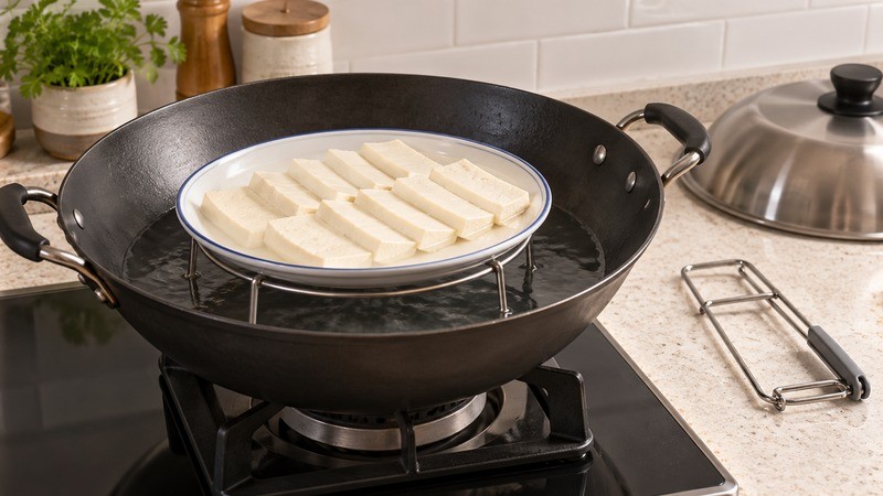 A plate of soft tofu slices supported on a steaming rack inside a wok
