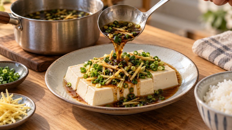 A ladle adding ginger-scallion soy sauce to steamed tofu