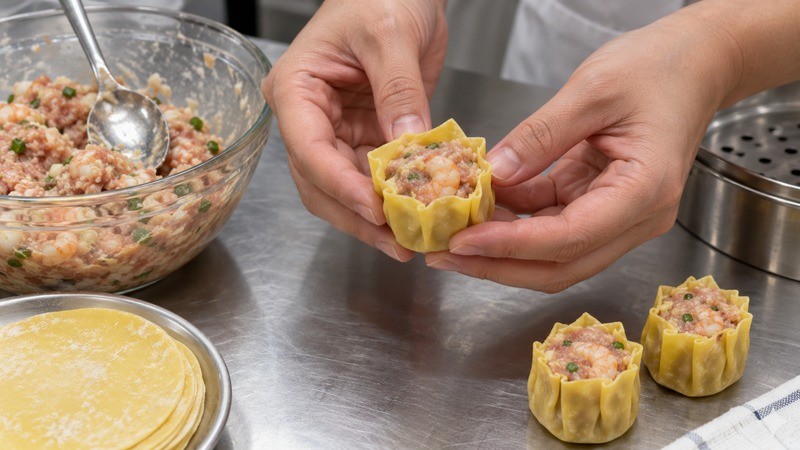 Hands shaping an open-top siu mai beside a bowl of filling