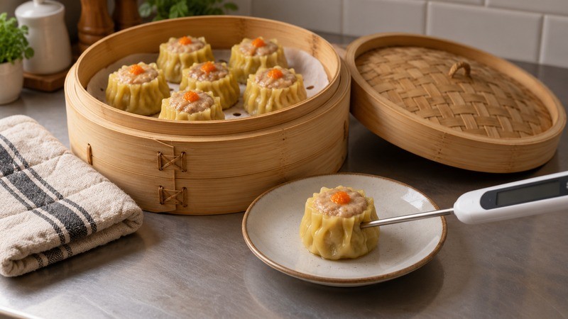 A thin thermometer probe inserted into a siu mai beside a bamboo steamer