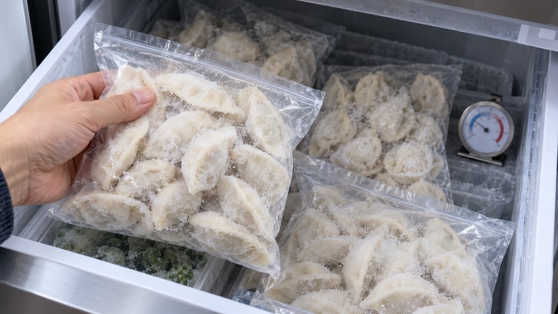 A sealed bag of frozen dumplings held above a freezer drawer