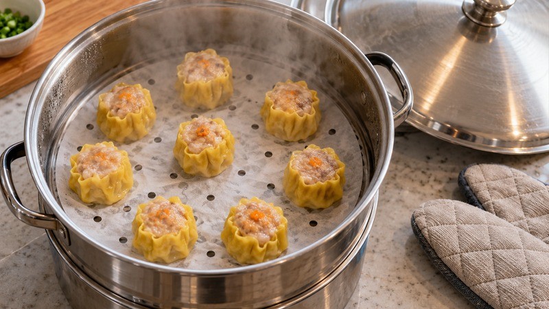 Siu mai spaced apart on perforated parchment in a metal steamer