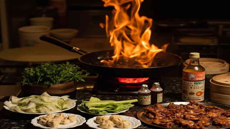 Kitchen pans and condiments near a stove