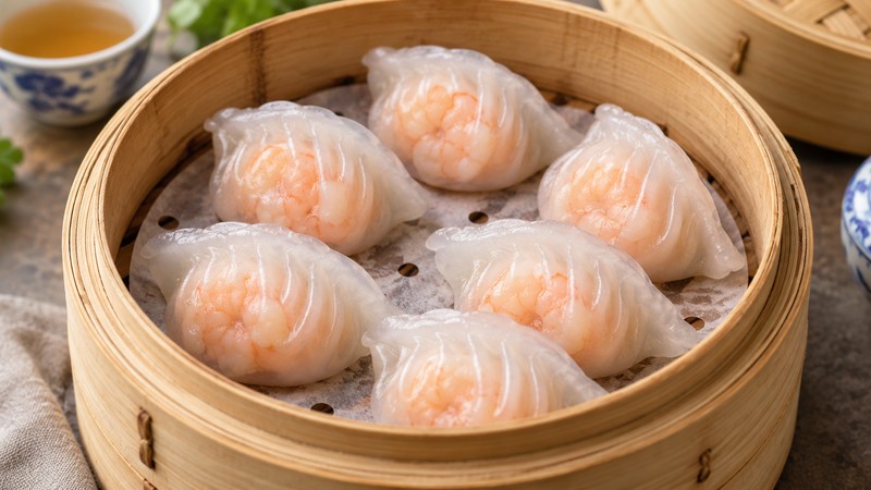 Translucent har gow shrimp dumplings in a steamer basket