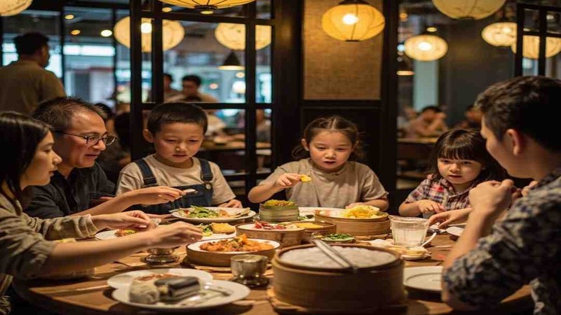 A family sharing food around a table