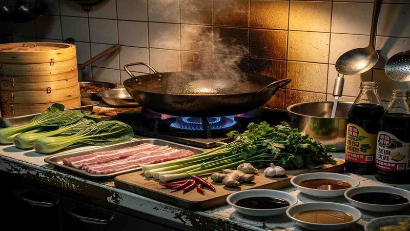 Cooking pans and vegetables in a kitchen