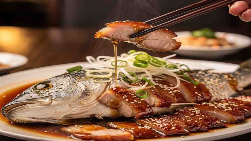 Whole fish and sliced pork on a platter