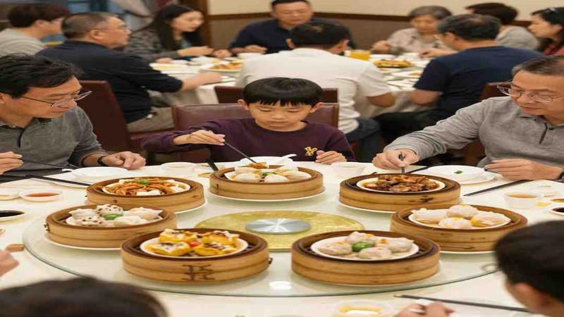 A family sharing dishes at a dining table