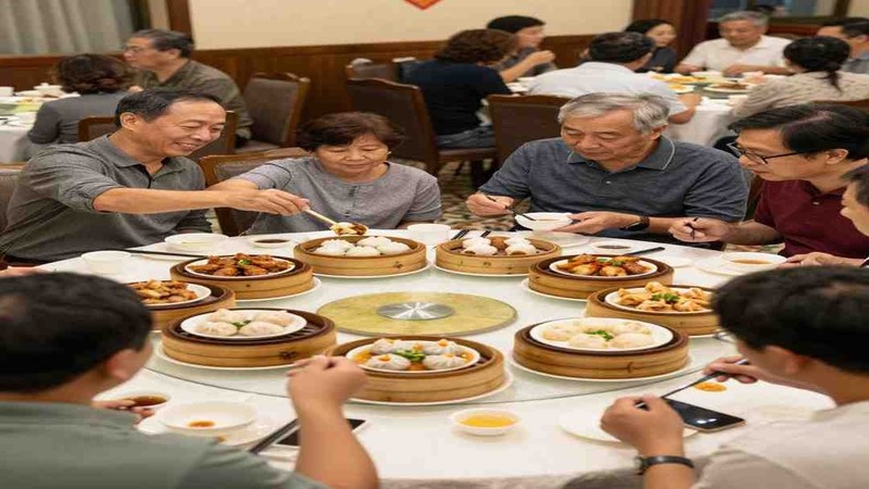 A family sharing dishes around a table