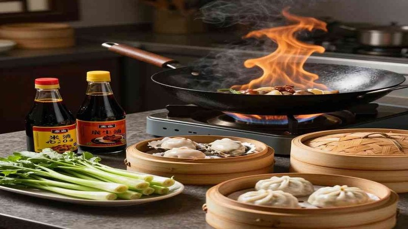 Cooking pans and condiments in a kitchen