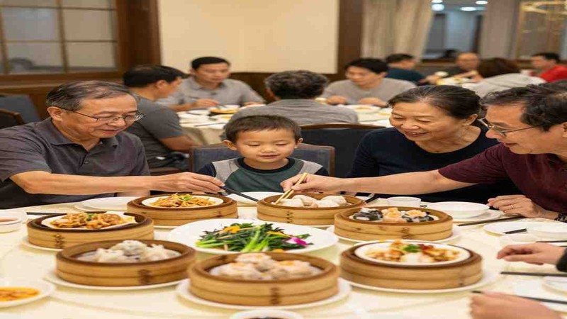A family sharing a meal at a dining table