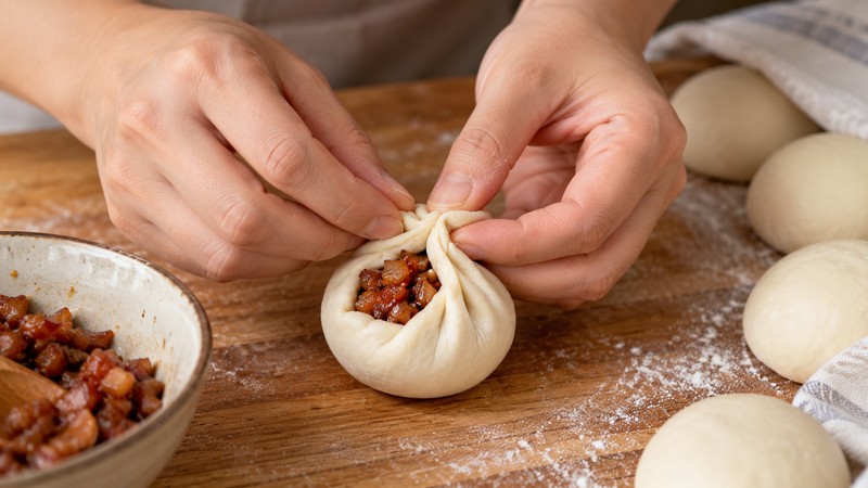 A home cook gathering a bun wrapper around a small portion of pork filling