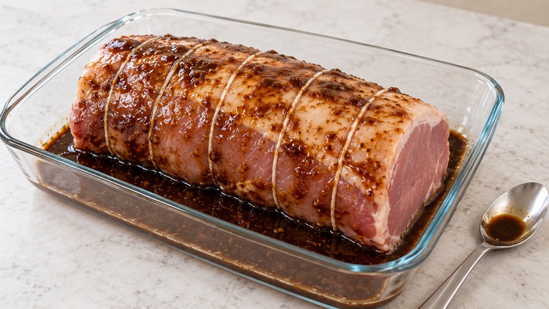 A tied raw pork loin coated in brown marinade in a glass dish