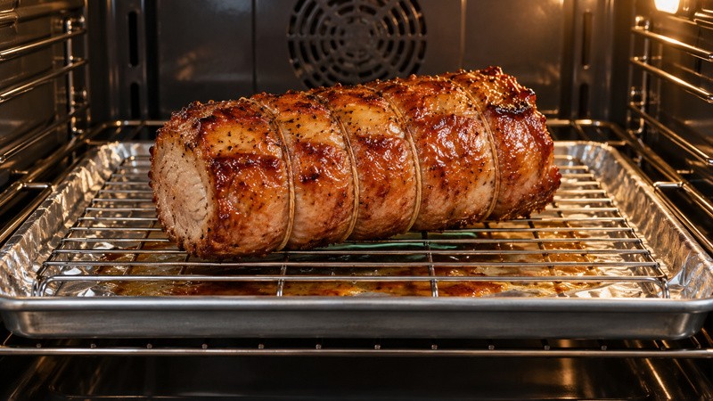 A tied glazed pork loin roasting on a wire rack above a foil-lined tray