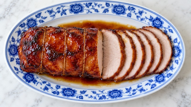 A cooked glazed pork loin roast beside thin cross-grain slices