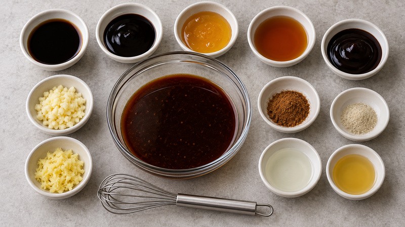 A bowl of brown marinade surrounded by sauces, honey, minced garlic, grated ginger and fine spices