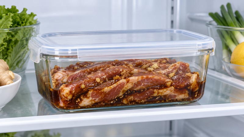Pork strips coated with marinade in a covered glass food container