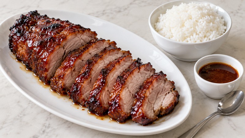 Glazed roasted pork cut into slices on a white plate beside white rice and a small cup of brown sauce