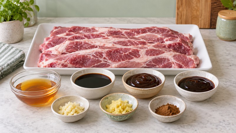 Measured pork shoulder strips and char siu marinade ingredients