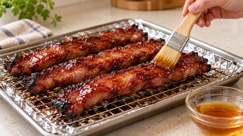 Clean honey glaze brushed onto roasted pork strips on an oven rack