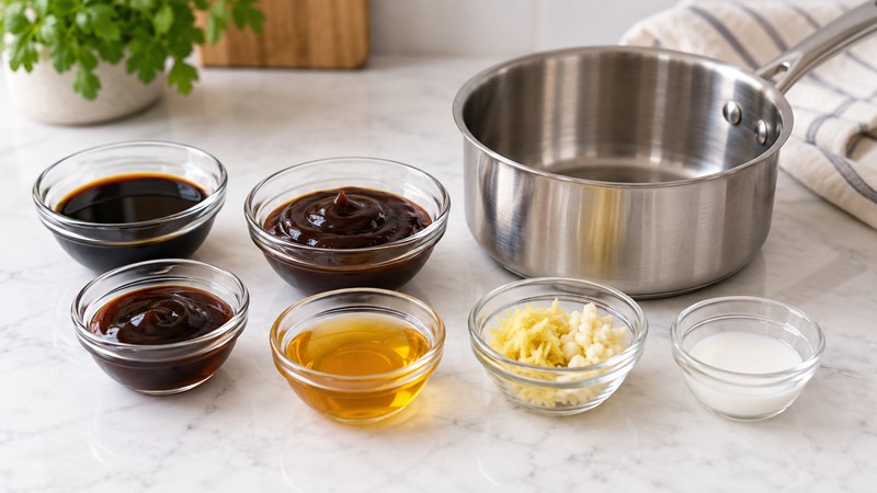 Measured soy, hoisin, oyster sauce and honey beside a small saucepan