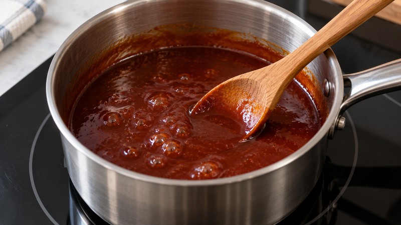 Char siu-style sauce stirred in a saucepan with a spoon
