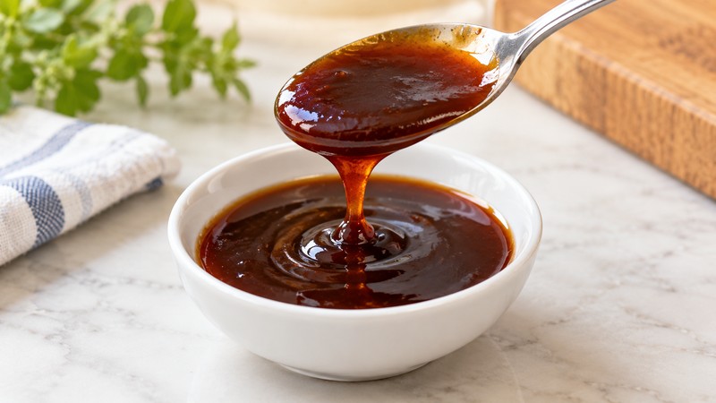 Glossy brown char siu-style glaze coating a spoon above a small bowl