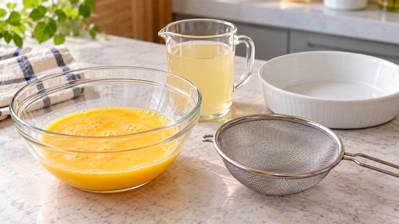 Beaten egg and measured stock beside a sieve and shallow heatproof dish